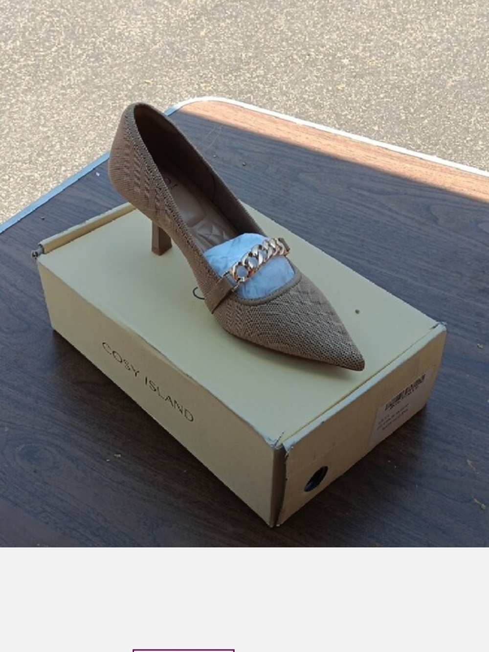 Cozy Island Women's Tan Pointed Kitten Heel Pump with Chain